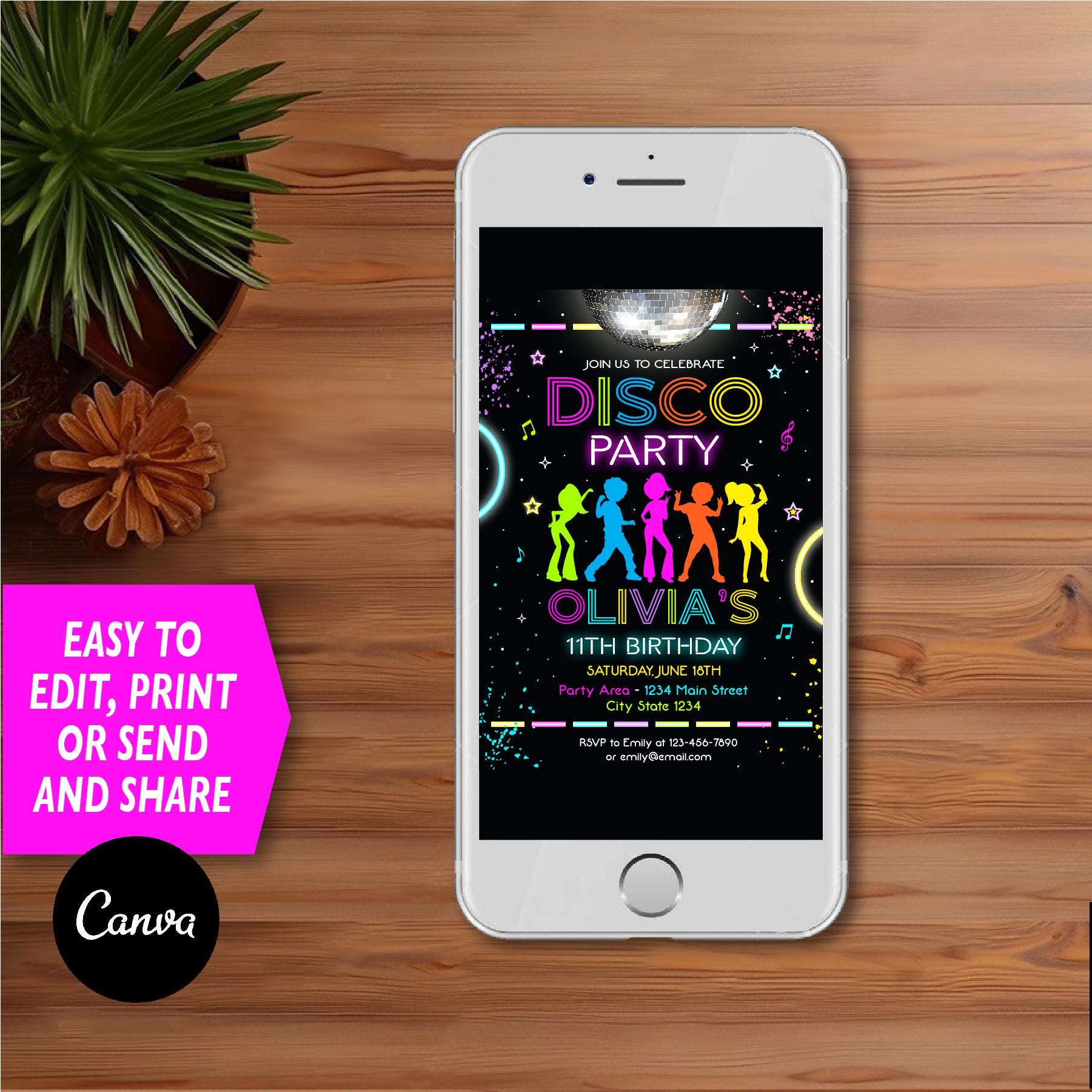 編集可能な女の子のディスコ誕生日招待状、ネオンダンス招待状、女の子のディスコパーティー、ネオンディスコ招待状、女の子の男の子、Canva、即時ダウンロード  - Etsy 日本