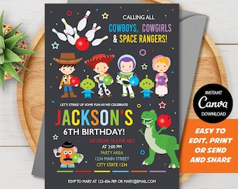 Invitación de cumpleaños editable de Toy Story para jugar a los bolos, fiesta de bolos, pizarra, plantilla de Canva, descarga instantánea.