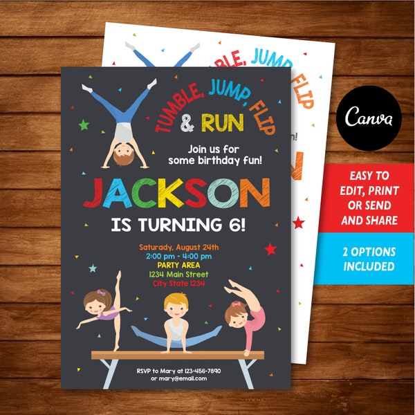 Editable, Little Tumblers Birthday Invitation, Gymnastic Invitation, Gymnastic Boy Party, Canva Template, INSTANT DOWNLOAD