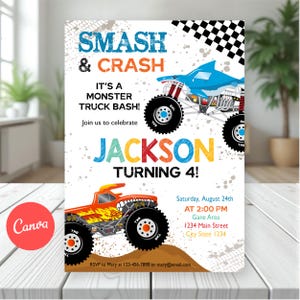 May include: Monster truck birthday party invitation with the text "SMASH & CRASH" and "JACKSON TURNING 4!". Features a blue shark-themed truck and an orange truck with flames. Includes event details.