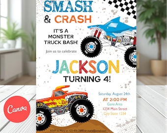 以下が含まれることがあります： 「SMASH & CRASH」と「JACKSON TURNING 4！」の文字が入った、モンスター・トラックをテーマにした誕生日パーティーの招待状。青いサメをテーマにしたトラックと、炎のディテールが施されたオレンジ色のトラック、イベントの詳細が特徴です。