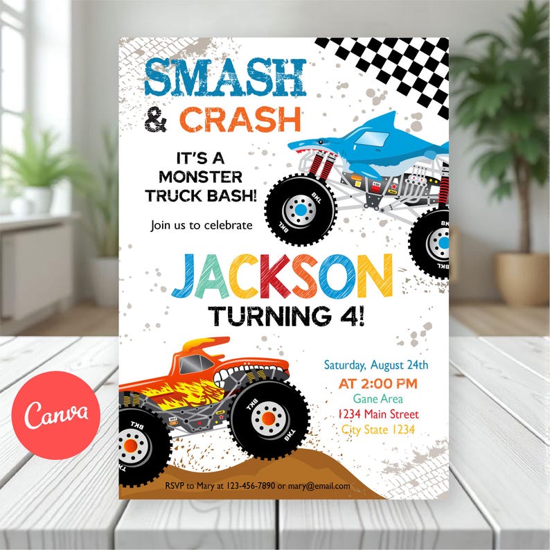 May include: Monster truck birthday party invitation with the text "SMASH & CRASH" and "JACKSON TURNING 4!". Features a blue shark-themed truck and an orange truck with flames. Includes event details.
