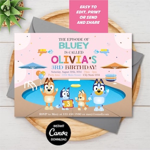 EDITABLE, Kids Birthday Invitation, Pool Invitation, Pool party, Girl Birthday, Pink, Canva template, INSTANT DOWNLOAD