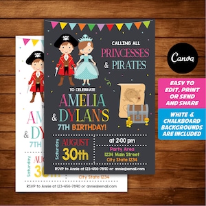 EDITABLE, Pirates and Princesses Invitation, Pirate Birthday, Princess Party, Canva template, Twins Birthday, INSTANT DOWNLOAD