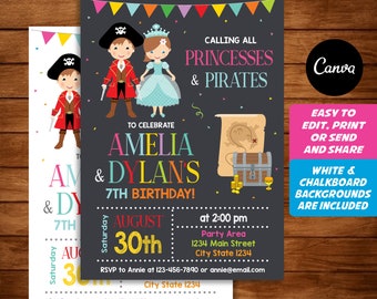 EDITIERBAR, Piraten und Prinzessinnen Einladung, Piraten-Geburtstag, Prinzessin Party, Canva-Vorlage, Zwillinge Geburtstag, INSTANT DOWNLOAD