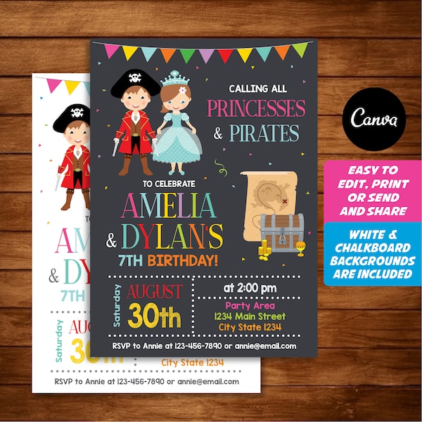 EDITABLE, Pirates and Princesses Invitation, Pirate Birthday, Princess Party, Canva template, Twins Birthday, INSTANT DOWNLOAD