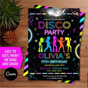Editable Girl Disco Birthday Invitation, Neon Dance Invitation, Girls Disco party, Neon Disco Invite, Girls Boys, Canva, INSTANT DOWNLOAD