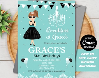 Invitación autoeditable para "Desayuno con diamantes", plantilla de Canva, descarga instantánea.
