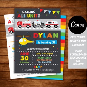 EDITABLE, First Responders Birthday Invitation, Emergency Vehicles Birthday Invitation, Canva template, INSTANT DOWNLOAD