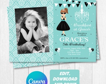 Invitación autoeditable de Desayuno con diamantes, invitación con foto, plantilla de Canva, descarga instantánea.