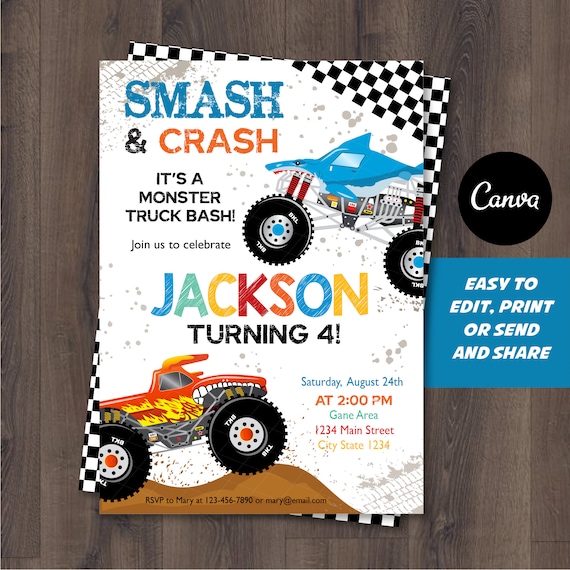 Self Editable, Monster Truck Invitation, Monster truck Invite, Canva template, INSTANT DOWNLOAD