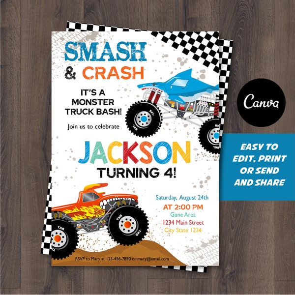 Self Editable, Monster Truck Invitation, Monster truck Invite, Canva template, INSTANT DOWNLOAD