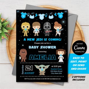 Editable, Star Wars Baby Shower Invitation Boy, Star Wars Party, Baby Boy, Blue, Canva template, INSTANT DOWNLOAD