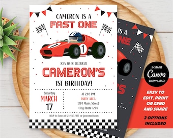 Editable Racing Car Birthday Invitation, Race Car Invitation, Fast One Invitation, Racing Car party, Canva Template, INSTANT DOWNLOAD