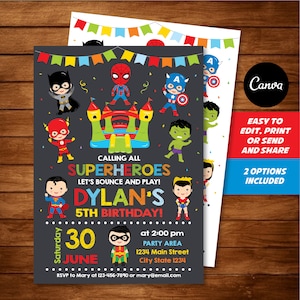 EDITABLE, Superheroes Bounce House Invitation, Superheroes Party, Bounce House Birthday, Canva template, INSTANT DOWNLOAD