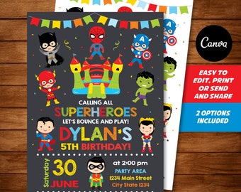 EDITABLE, Superheroes Bounce House Invitation, Superheroes Party, Bounce House Birthday, Canva template, INSTANT DOWNLOAD