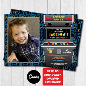 Arcade birthday invitation, Arcade Party, Video Game invitation, Photo Invitation, Canva Template, Digital Printable Invitation
