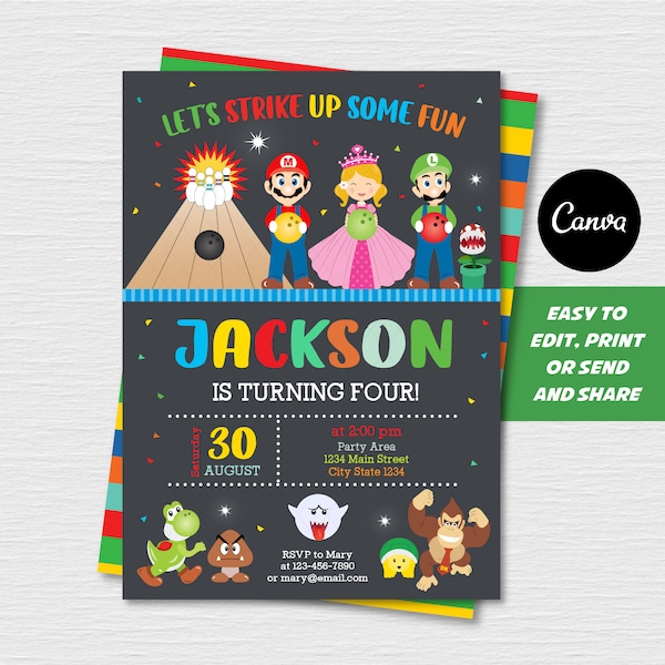 EDITABLE, Video Game Invitation, Bowling Birthday Invitation, Canva template, Chalkboard, INSTANT DOWNLOAD