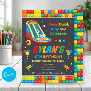May include: A colorful birthday invitation with a playful design. The invitation features a bouncy house illustration, the text "Come Build, Play and Celebrate", and details for Dylan's 6th birthday party. The border is made of colorful toy blocks.