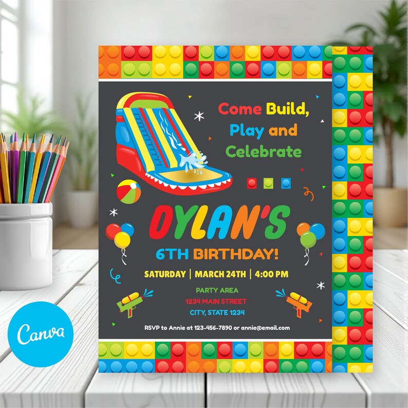 May include: A colorful birthday invitation with a playful design. The invitation features a bouncy house illustration, the text "Come Build, Play and Celebrate", and details for Dylan's 6th birthday party. The border is made of colorful toy blocks.