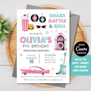 EDITABLE, Fifties Birthday Invitation, 50&#39;s Birthday invite, Rock N Roll Party, Canva Template, INSTANT DOWNLOAD