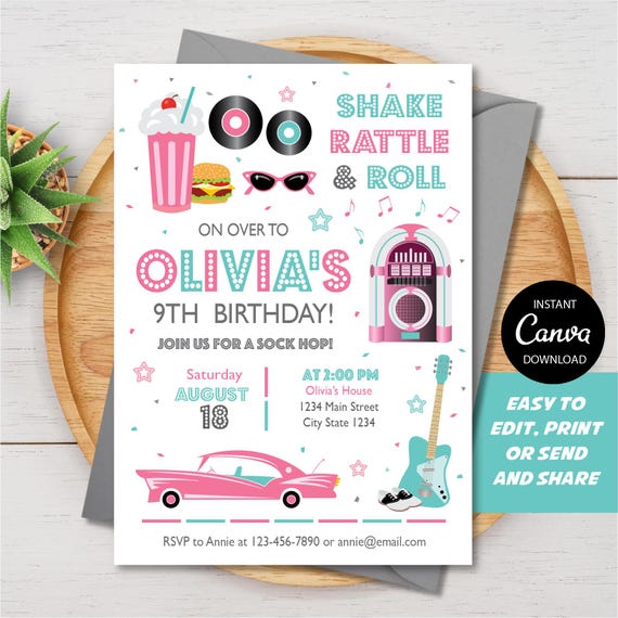 EDITABLE, Fifties Birthday Invitation, 50's Birthday invite, Rock N Roll Party, Canva Template, INSTANT DOWNLOAD