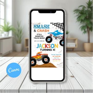 May include: A smartphone displays a birthday party invitation. The invitation features a blue and orange monster truck design with the text "SMASH & CRASH" and "JACKSON TURNING 4!". The invitation also includes event details.