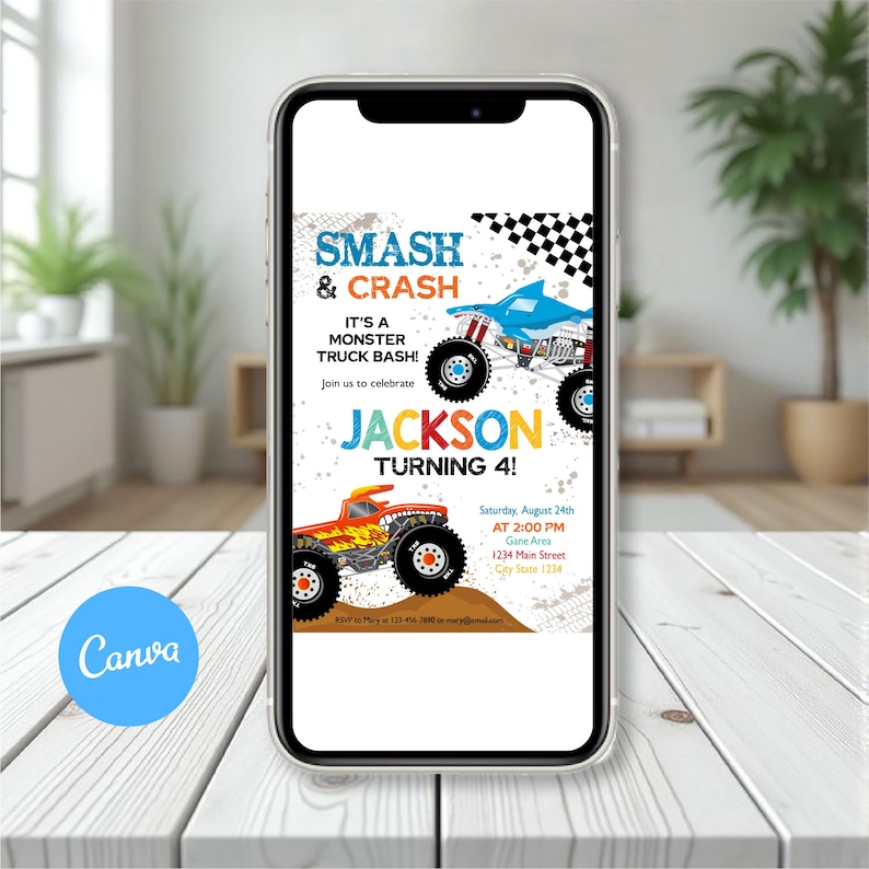 May include: A smartphone displays a birthday party invitation. The invitation features a blue and orange monster truck design with the text "SMASH & CRASH" and "JACKSON TURNING 4!". The invitation also includes event details.