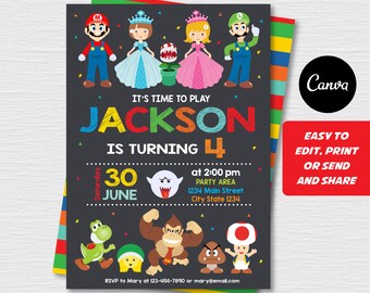 EDITABLE, Video Game Invitation, Kids Birthday Invitation, Canva template, Chalkboard, INSTANT DOWNLOAD