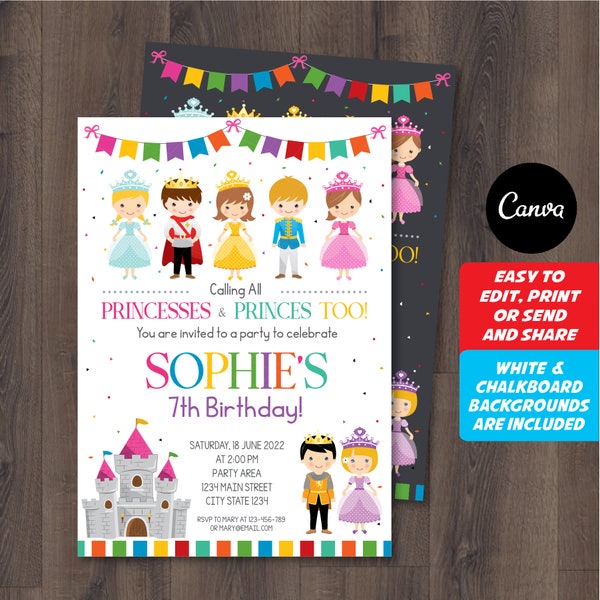 Editable, Princes and Princesses Birthday Invitation, Twins Birthday, Royal Invitation, Canva Template, INSTANT DOWNLOAD