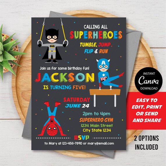 Superhero Gymnastics Invitation, Superheroes Party, Superhero Invitation, Editable Gymnastics invitation, Canva template, INSTANT DOWNLOAD
