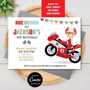 Modificabile, invito di compleanno per motociclisti, festa di gara motociclistica, modello Canva, DOWNLOAD IMMEDIATO