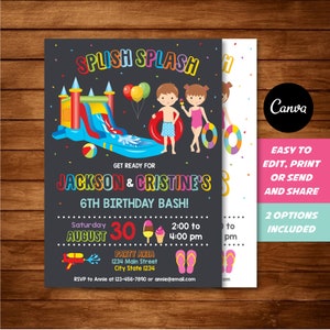 EDITABLE, Water Slide Birthday Invitation, Waterslide Invitation, Waterslide Party, Canva template, Twins Birthday, INSTANT DOWNLOAD