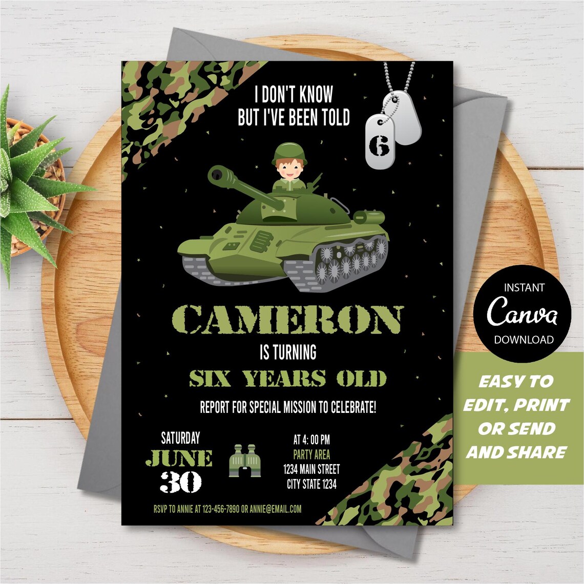 EDITABLE, Army Birthday Invitation, Military Birthday Invitation, Tank ...