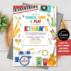 Peut inclure: Une invitation d'anniversaire colorée avec des instruments de musique et le texte "Rejoignez-nous pour danser, chanter et jouer pour célébrer le 5e anniversaire d'Ethan !" Comprend une batterie, une guitare et un clavier. Facile à modifier, imprimer ou envoyer.