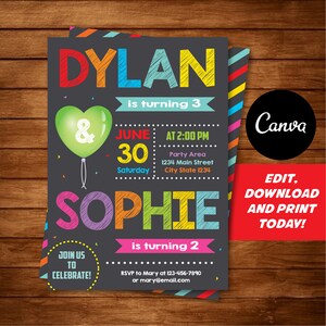 Editable, Siblings Birthday Invitation, Joint Birthday Invitation, Canva template, Chalkboard, INSTANT DOWNLOAD