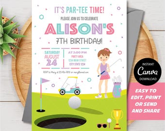 Invitación de cumpleaños de golfista editable, invitación de golfista, cumpleaños de golfista, fiesta de golf, cumpleaños de niña, plantilla de Canva, descarga instantánea