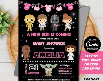 Editable, Star Wars Baby Shower Invitation Girl, Star Wars Party, Baby Girl, Pink, Canva template, INSTANT DOWNLOAD