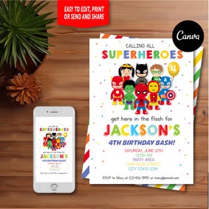 Self Editable, Superheroes Birthday Invitation, Superhero Invitation, Superhero Party, Canva template, INSTANT DOWNLOAD