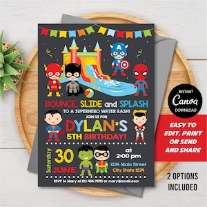 EDITABLE, Superheroes Water Slide Birthday Invitation, Superheroes Party, Superhero Waterslide invitation, Canva template, INSTANT DOWNLOAD
