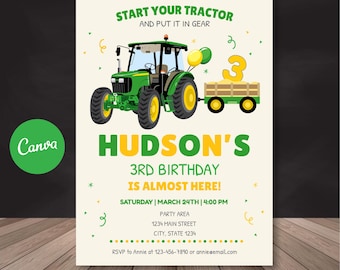 Bearbeitbare Traktor Geburtstagseinladung, Traktor einladen, Bauer Einladung, Traktor Party, Canva Vorlage, INSTANT DOWNLOAD
