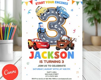 Editable Cars Birthday Invitation, 3rd Birthday Invite, Retro Race Car Invitation, Canva, Instant Download