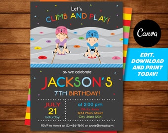 Editable, Rock Climbing Birthday Invitation, Rock Climbing Party, Twins Birthday, Canva Template, INSTANT DOWNLOAD