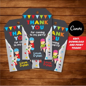 Bearbeitbar, Rock Klettern Danke Tags, Wand Klettern Geburtstag, Wand Klettern Party, Canva Vorlage, INSTANT DOWNLOAD