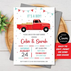 EDITABLE, Vintage Truck Baby Shower Invitation, Pick up truck Baby Shower Invitation, Canva Template,  INSTANT DOWNLOAD