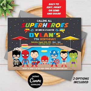 EDITABLE, Superhero Pool Birthday Invitation, Superheroes Pool Party, Avengers Pool Invite, Canva template, INSTANT DOWNLOAD
