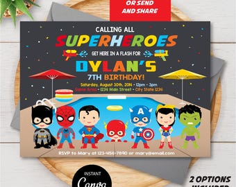 EDITABLE, Superhero Pool Birthday Invitation, Superheroes Pool Party, Avengers Pool Invite, Canva template, INSTANT DOWNLOAD
