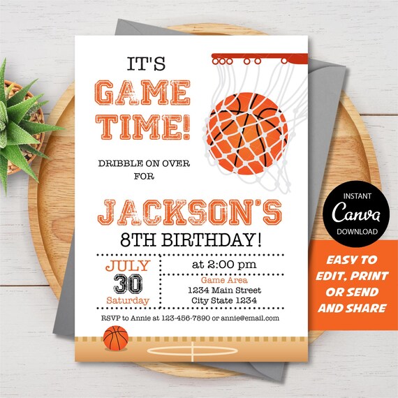 Editable Basketball Birthday Invitation, Basketball Invite, Basketball Birthday, Basketball Party, Canva Template, INSTANT DOWNLOAD