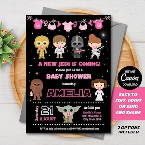 Editable, Star Wars Baby Shower Invitation Girl, Star Wars Party, Baby Girl, Pink, Canva template, INSTANT DOWNLOAD