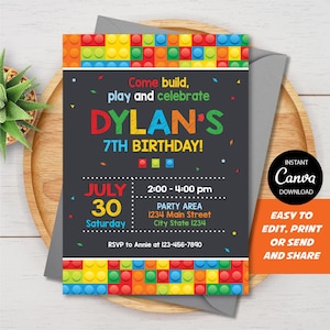 EDITABLE, Building Blocks  Birthday Invitation, Building blocks party, Canva template, Chalkboard, INSTANT DOWNLOAD, Printable Invitation